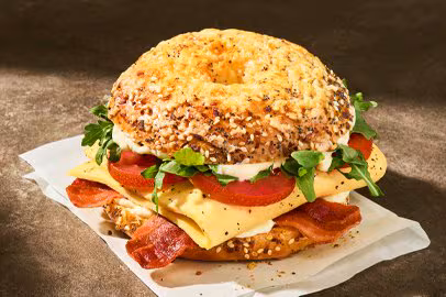 Breakfast Menu 1 Wake-Up BLT Asiago Everything Bagel Stack